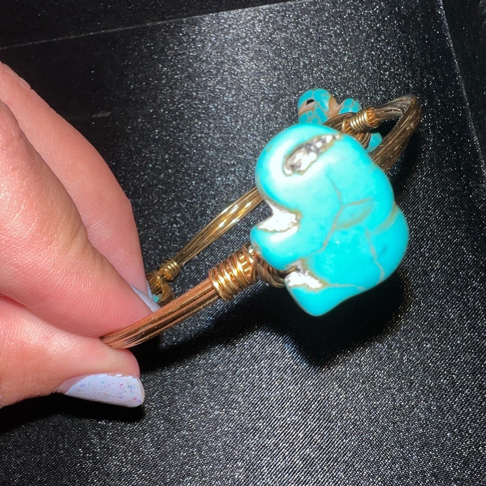 Real turquoise bracelet, 3 elephants wire wrap bracelet, gold colored bangle